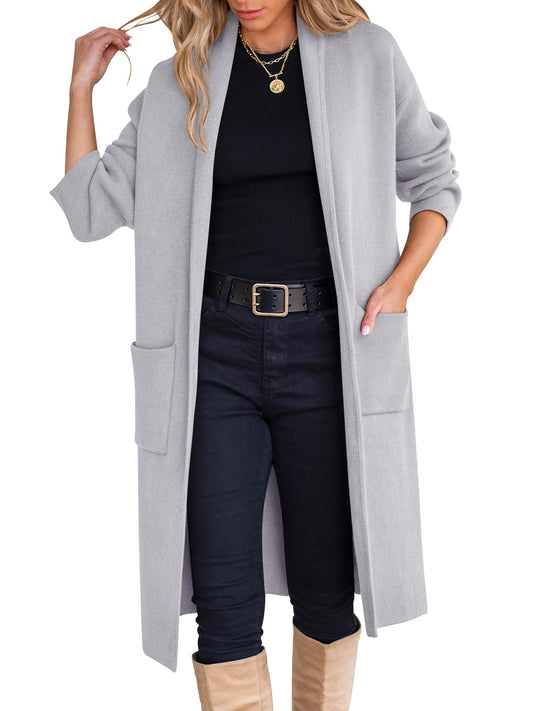ANRABESS Women's Cardigan Long Sweater Oversized Open Front Knit Coatigan Duster Coat 2025 Trendy Fall Outfits Outerwear Light Grey Large