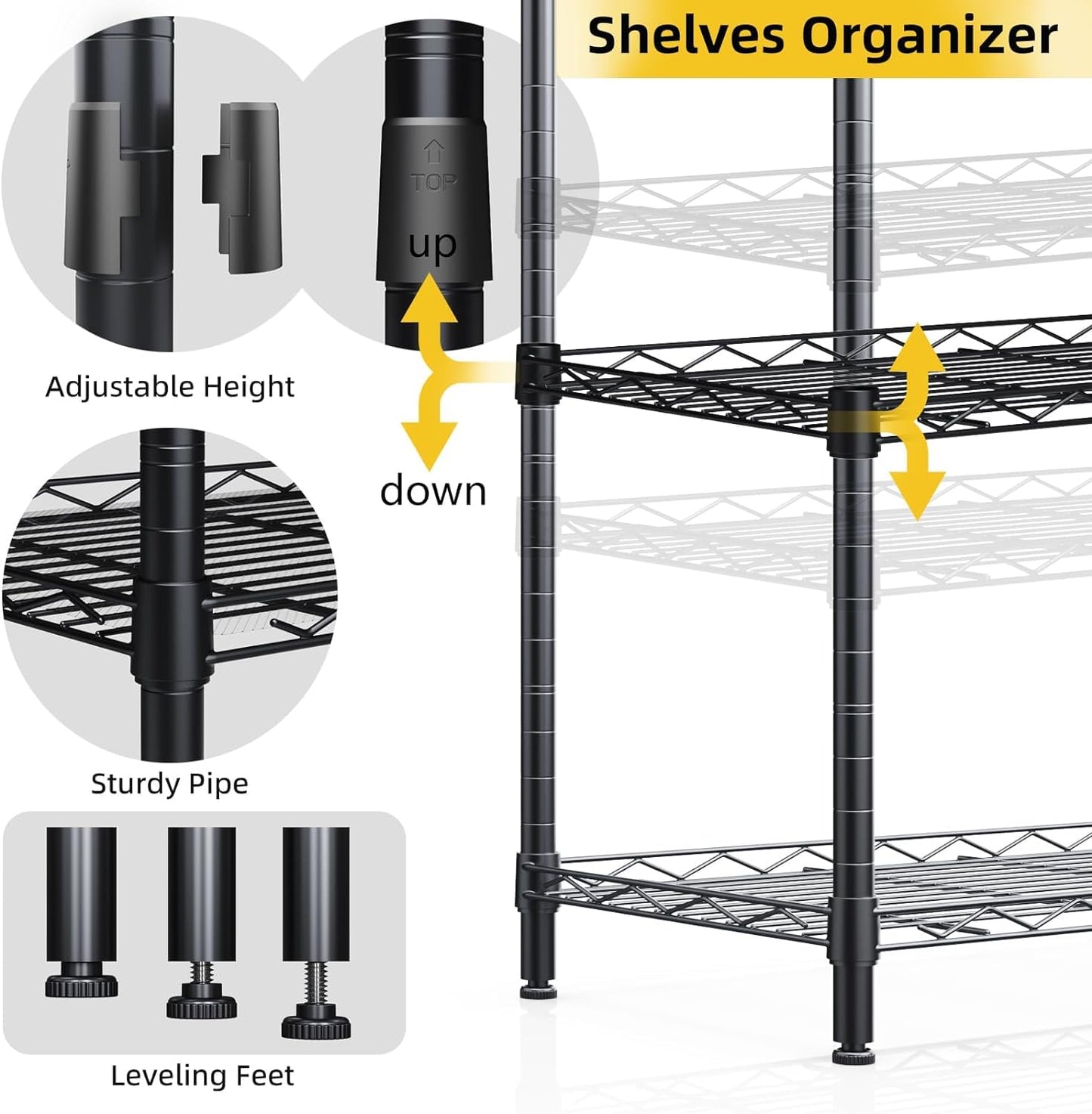 SsngygHme 4 Tier Shelves Storage, Wire Shelf Unit, Standing Adjustable Metal Shelves Organizer, Storage Racks for Restaurant Garage Pantry Kitchen Garage(21.2 '' x 11.4" x 43.3 ")