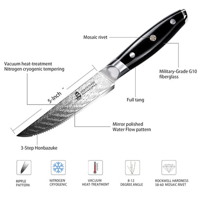TUO Serrated Steak Set 5'' - Professional Kitchen Steak Knives Set of 4 - Triple Rivet Steak Knives G10 Full Tang Handle - BLACK HAWK S Series