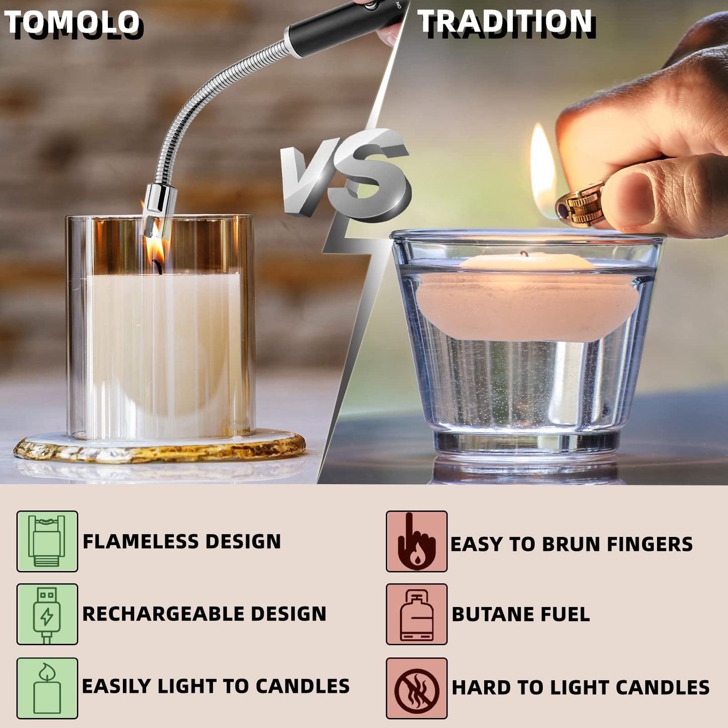 TOMOLO Rechargeable Electric Candle Lighter with Flexible Neck