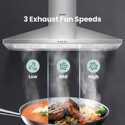 COMEEE" CVP36W6AST 36 Inch Ducted Pyramid Range 450 CFM Stainless Steel Wall Mount Vent Hood with 3 Speed Exhaust Fan, 5-Layer Aluminum Permanent Filters, Two LED Lights, Convertible to Ductless