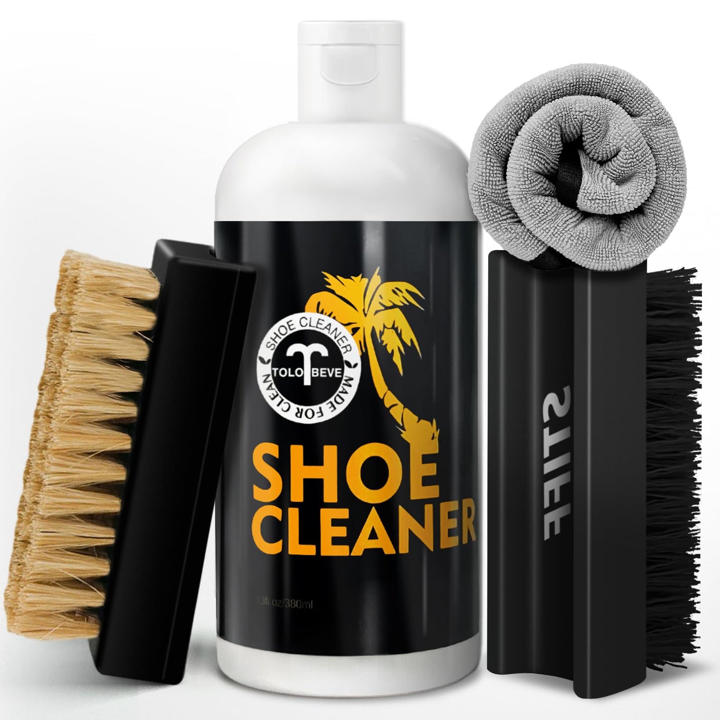 Tolobeve Shoe Cleaner Kit, White Shoe Cleaner Sneakers Kit, Shoe Cleaning Kit for Suede, Mesh, Leather, Nubuck and Most Materials, shoe cleaner 13Oz with 2 Shoe Brush & Towel Included