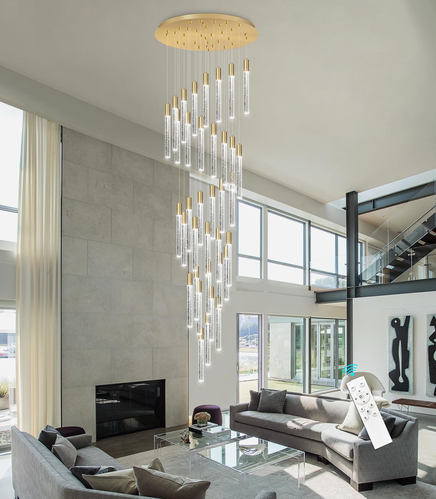 16.3 Foot Chandeliers for Living Room LED Lights Simple Modern Crystal Light Extra Large Chandelier Light Fixture Entryway Foyer High Ceiling Chandelier Lighting with LED Light Bulbs Sloping Ceiling