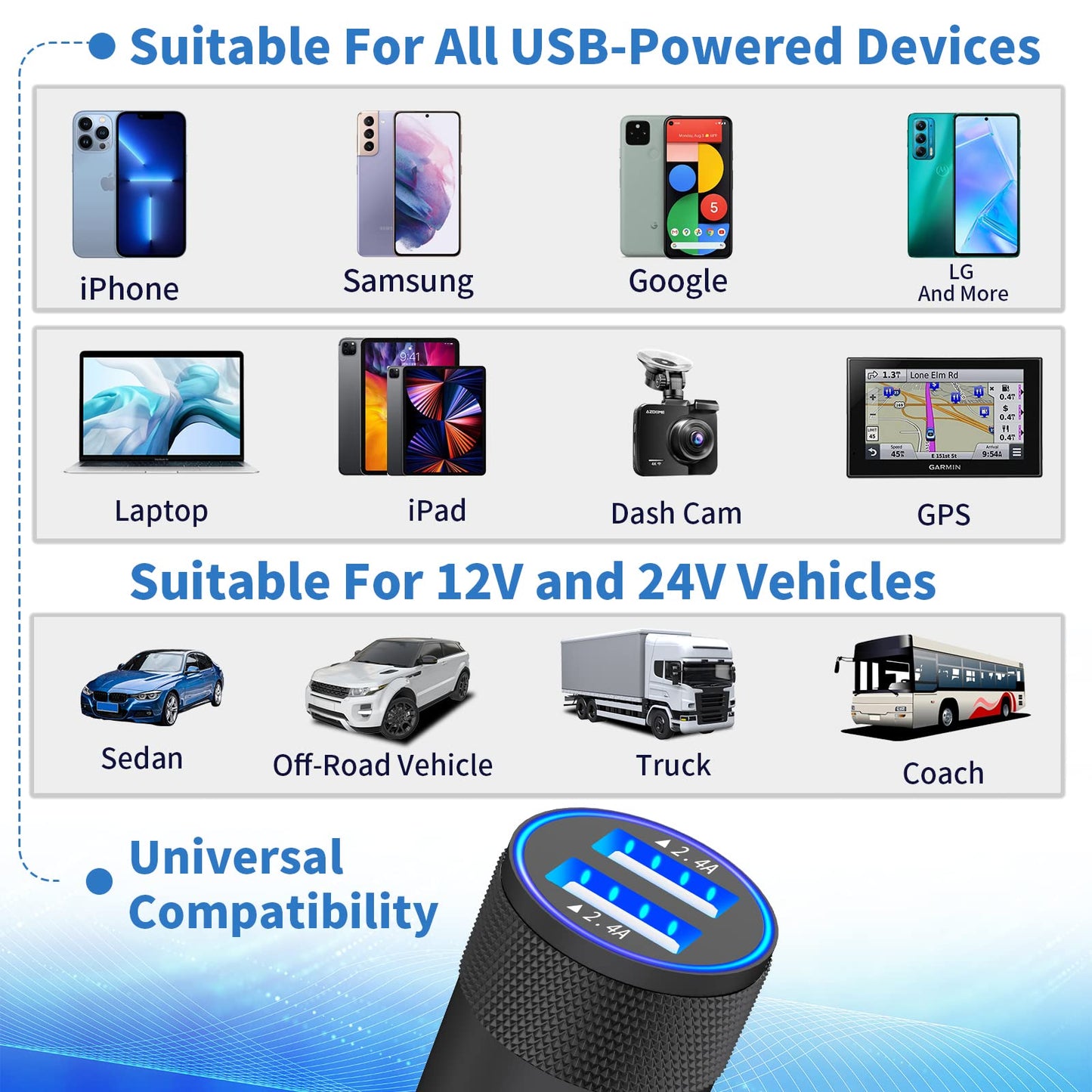 4.8A Dual USB Car Charger with Lightning Cable