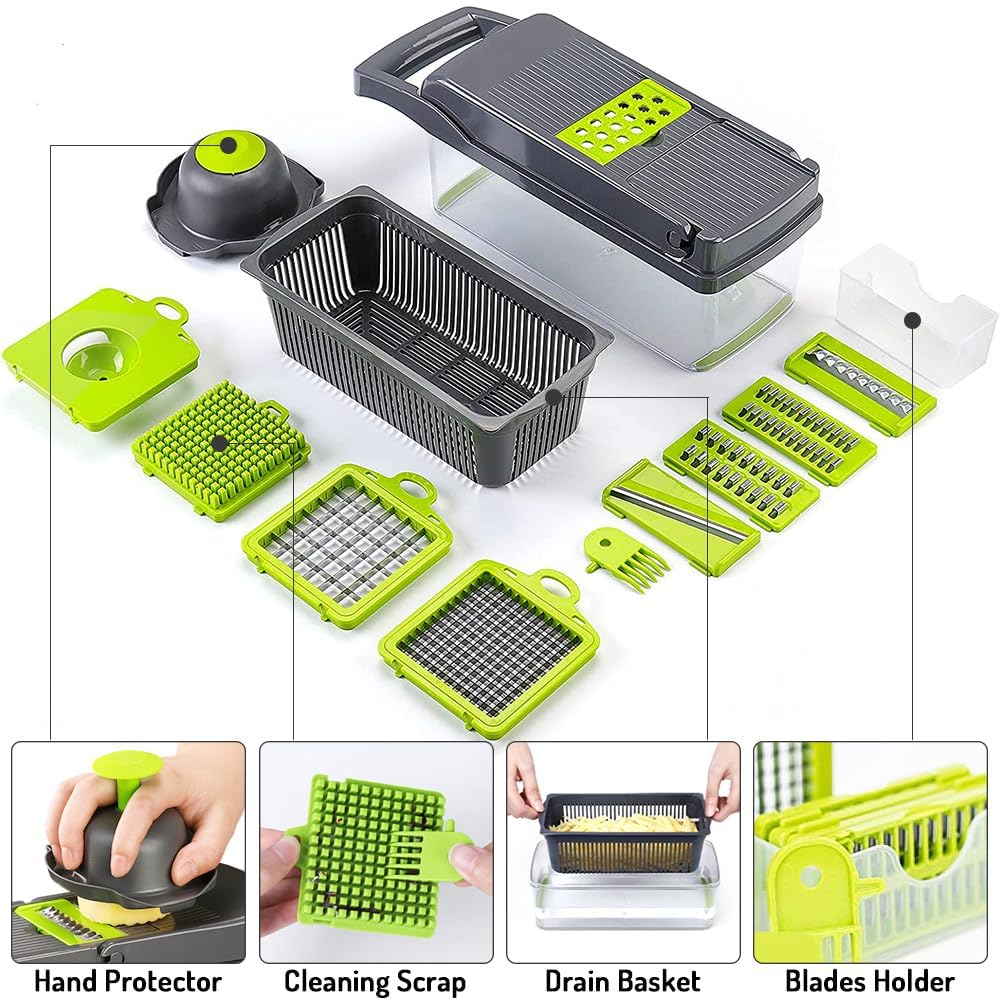 Maxceysen Multi-Function Vegeable Chopper 12 in 1 Pro Mandoline Veggie Slicer Onion Micer Chopper Dicer Cutter with Container for Potatoes, Tomatoes, Zucchini, Garlic, Eggs, Cucumbers