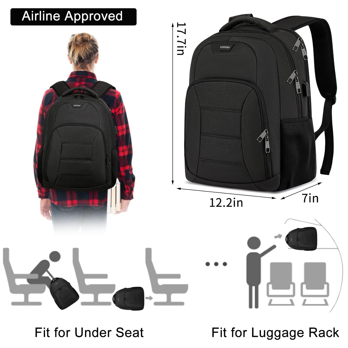 Liokesa Laptop Backpack for Men Women, School Backpacks for Teen Boys Girls, Black Backpack with USB Charging Port, 15.6 Inch Water Resistant College Bookbag Daypack