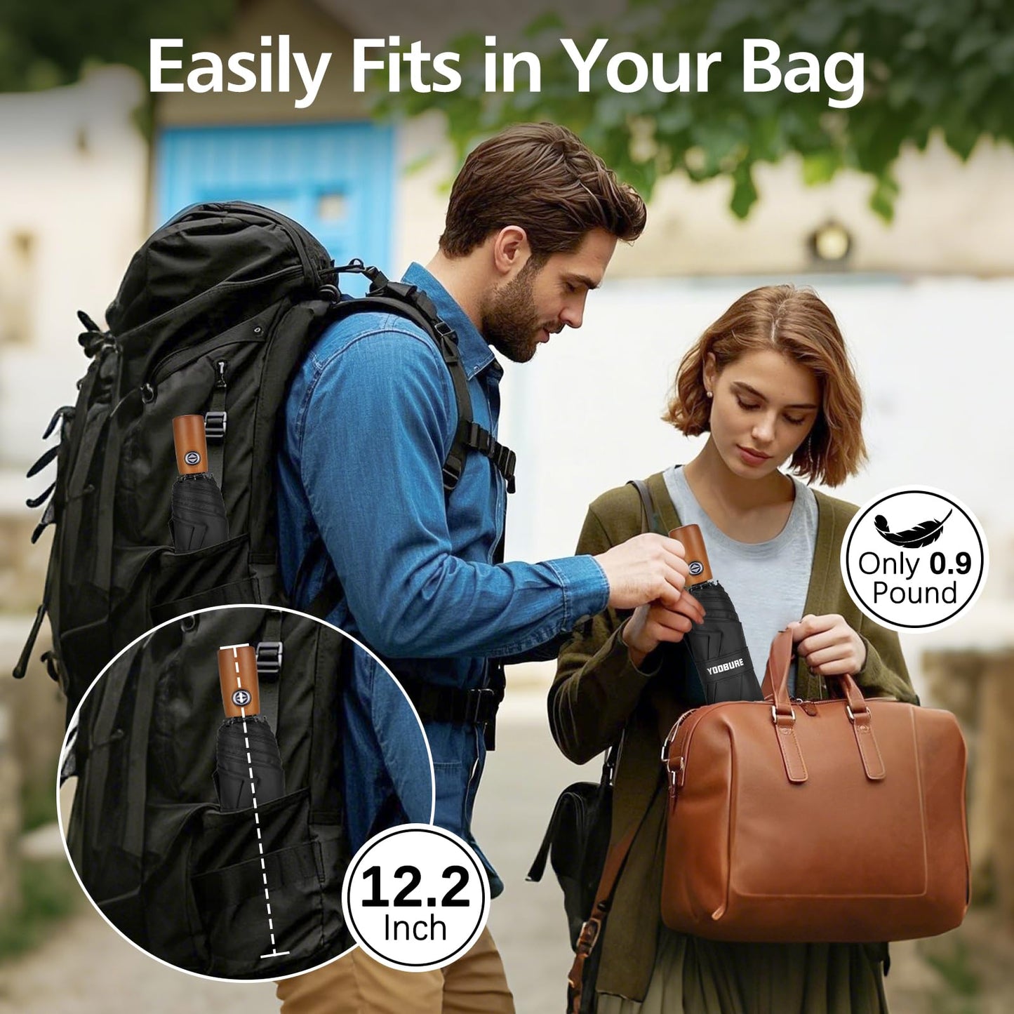Windproof Travel Umbrella with Wood Handle