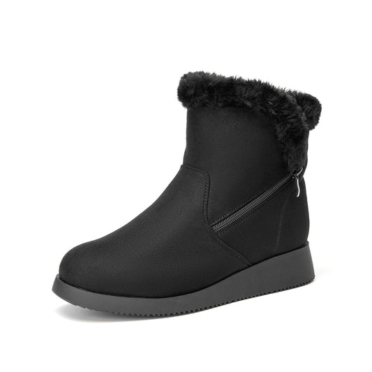 CentroPoint Women's Fashion Ankle Snow Boots Low Wedge Heel Short Winter Booties Faux Fur Cuff Warm Outdoor Shoes(Black Faux Suede,Numeric_6)