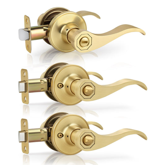 3 Pack Brushed Gold Privacy Wave Door Lever Set