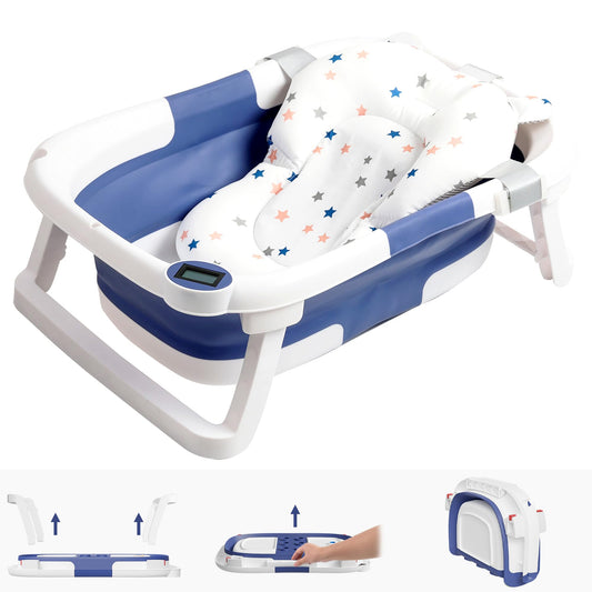 NAPEI Collapsible Baby Bathtub,Baby Bath Tub with Soft Cushion & Thermometer,Baby Bathtub Newborn to Toddler 0-36 Months,Portable Travel Baby Tub,Blue