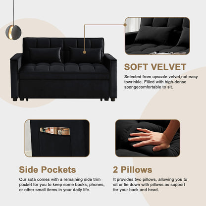 SumKea 55'' 3-in-1 Sleeper Loveseat, 2-Seater Pull Out Couch, Velvet Futon Sofa Adjustable Backrest, Reclining Sofa Bed with Pillows, Pockets, Perfect for Small Spaces, Living Room Furniture, Black