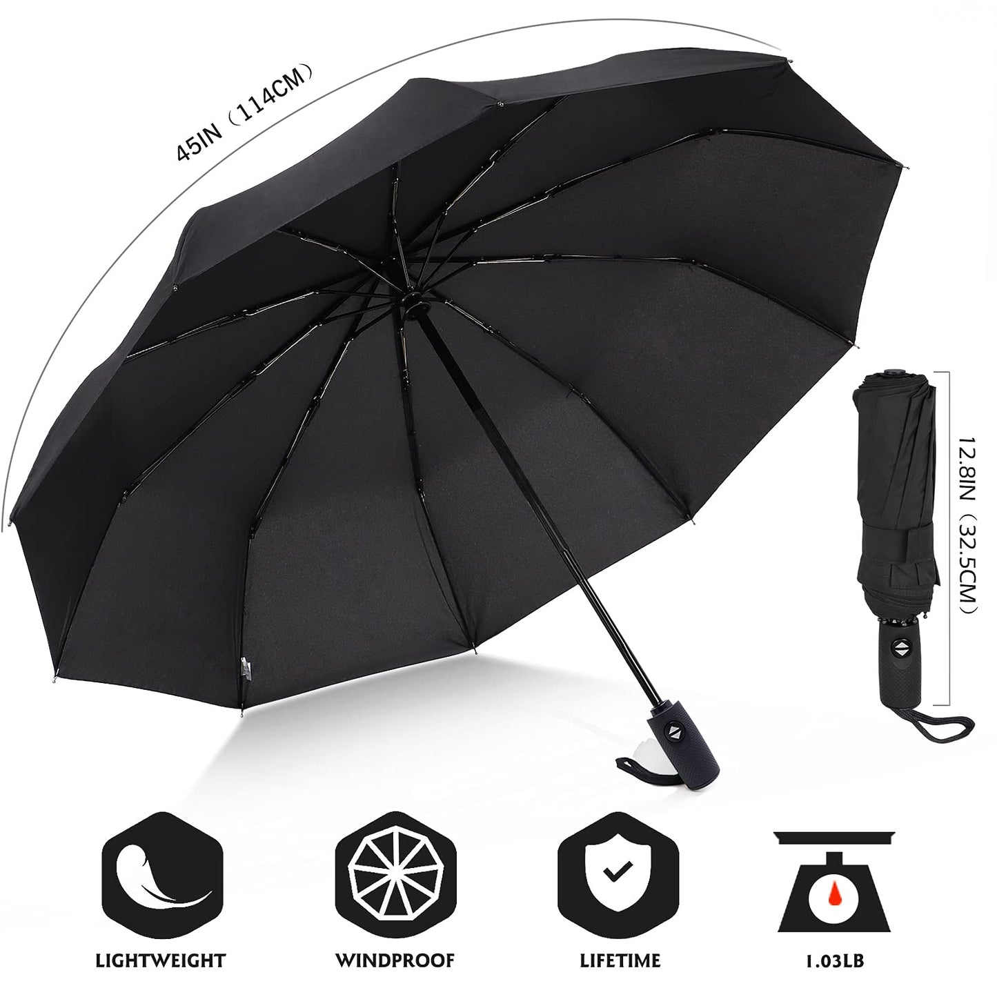 ZOMAKE Compact Windproof Travel Umbrella - Black