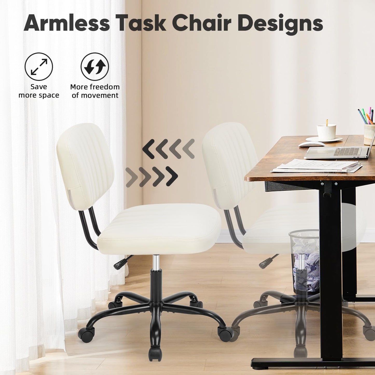 Sweetcrispy Small Desk Chair Armless,Comfortable Office Chair with Wheels, Rolling Task Chair with Low Back Lumbar Support, Vanity Chair for Bedroom Living Room Study Room, PU Leather,Crame White