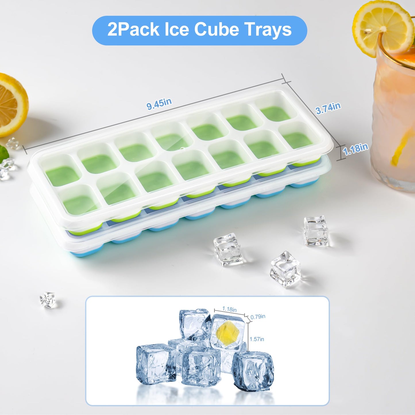 Ice Cube Trays 2PCS Easy-Release 14-Ice Trays with Removable Lid,Ice Trays for Freezer, Silicone Ice Cube Tray for Whiskey and Cocktails and other drinks