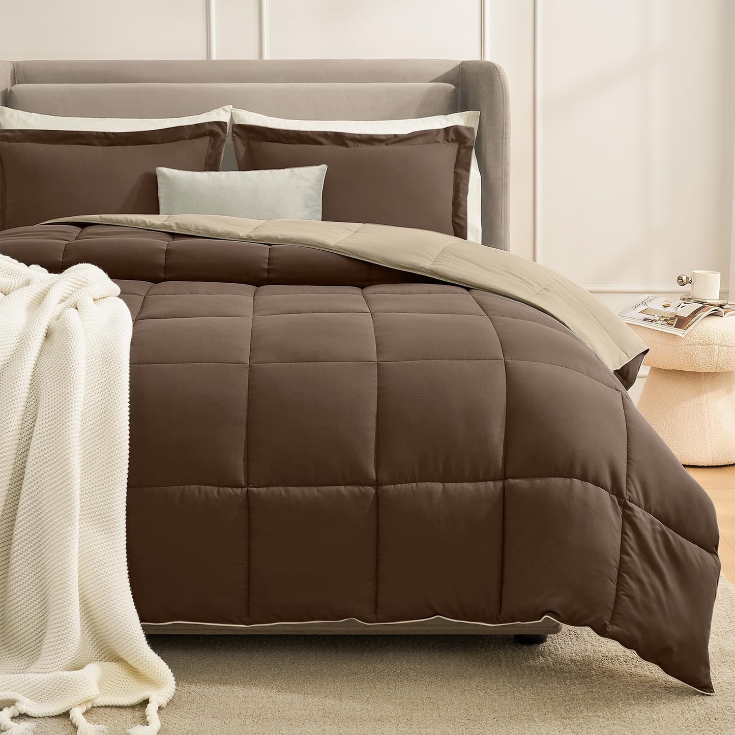 Homelike Moment Twin Comforter Set Brown, Lightweight Reversible Comforter Twin Size Bed Sets, Soft Down Alternative Bed Comforter All Season 2 Pcs Twin Bedding Set with 1 Sham Brown/Beige