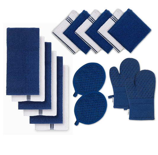 Lane Linen Tea Towels for Kitchen - 16 Pc Kitchen Towel Set with Silicone Oven Mitts and Pot Holders Sets, Cotton Kitchen Towels, Absorbent Dish Towels, Hand Towels for Kitchen - Indigo