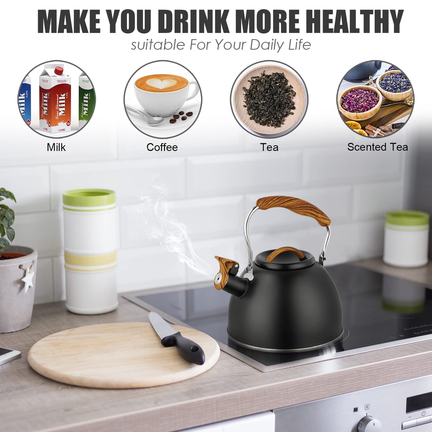 Tea Kettle, 2.7 Quart Stove Top Whistling Tea Kettle, Stainless Steel Teapot with Wood Pattern Anti-Hot Folding Handle, Food Grade Stove Top Kettle for Gas Electric Applicable