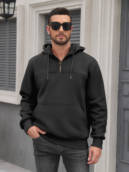 Caracilia Mens Half Zip Hoodies Midweight Loose Fit Fleece Quarter Zip Pullover Sweatshirt-Black-S