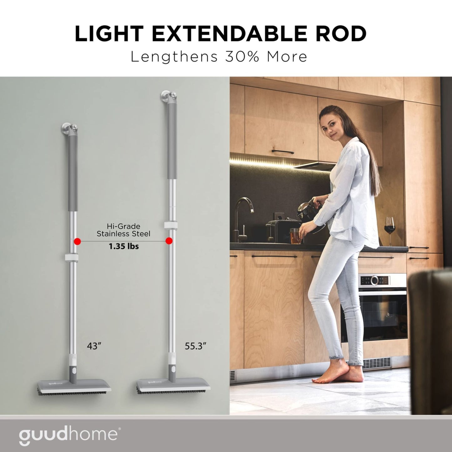 GUUDHOME Floor Brush Scrubber with Long Handle 55.3” - 2 in 1 Scrub N Scrape - Strong Extendable Stiff Floor Brush – Shower Tub Tile Wall - Deck Brush for Heavy Duty Cleaning – Brush Never Falls Off