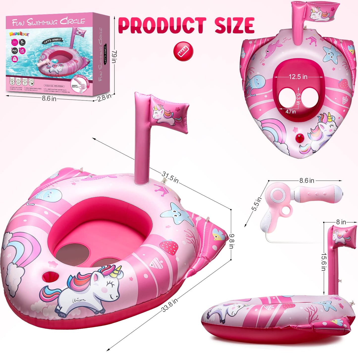 HopeRock Unicorn Pool Floats for Kids and Toddlers,with Water Gun, Pool Toys for 3-8 Years Old Girls and Boys, Inflatable Swimming Pool Toys