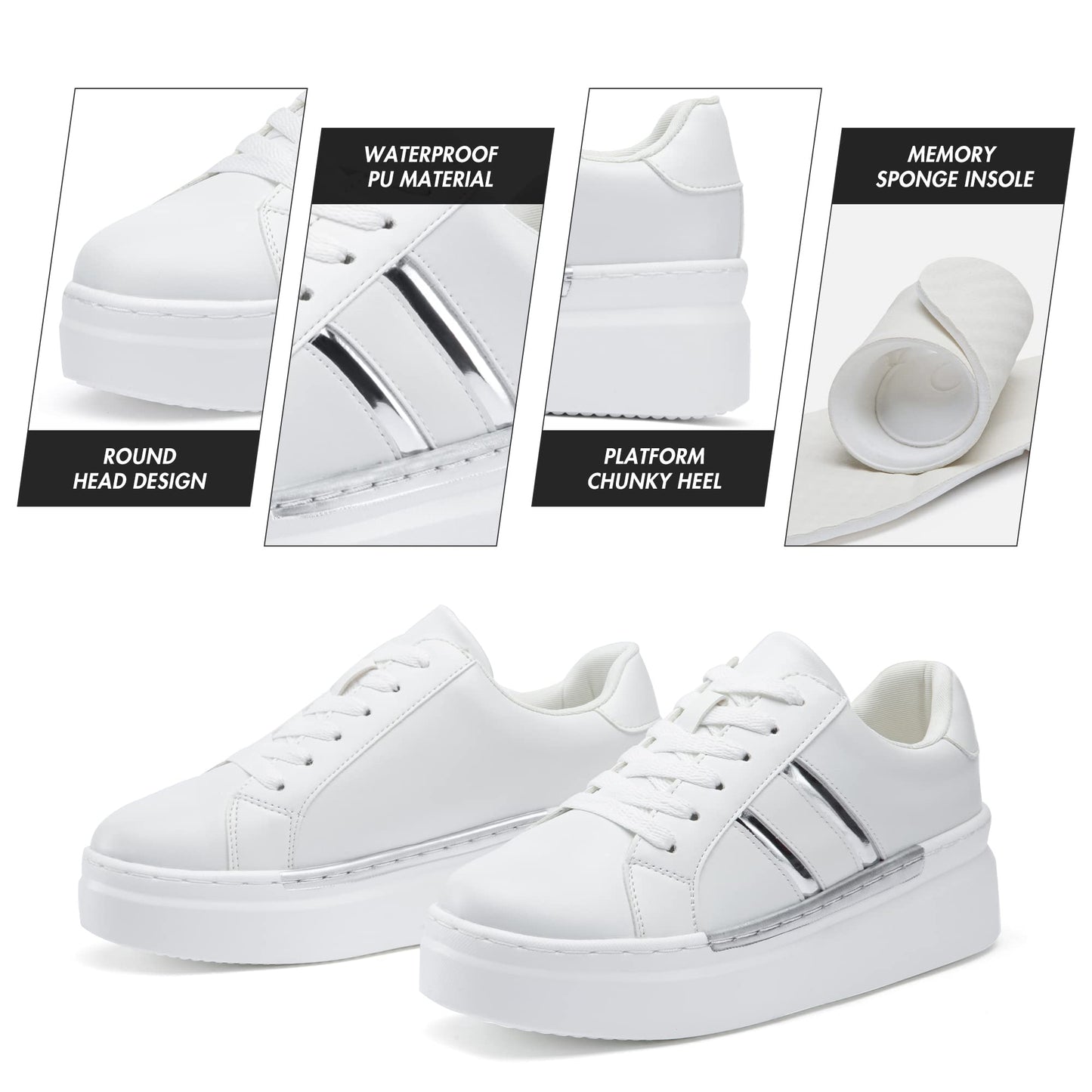 Jeossy Women's Chunky White Sneakers with Arch Support