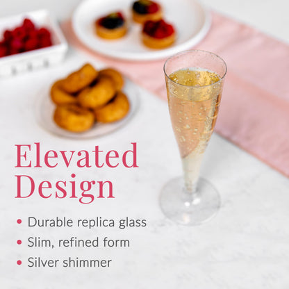 Prestee 100 Pack Plastic Champagne Flutes Disposable - Durable Silver Glitter Champagne Glasses 4.5 oz - Ideal for Parties, Weddings, Mimosa Bar, and Celebrations - Elegant Single Use Party Glasses