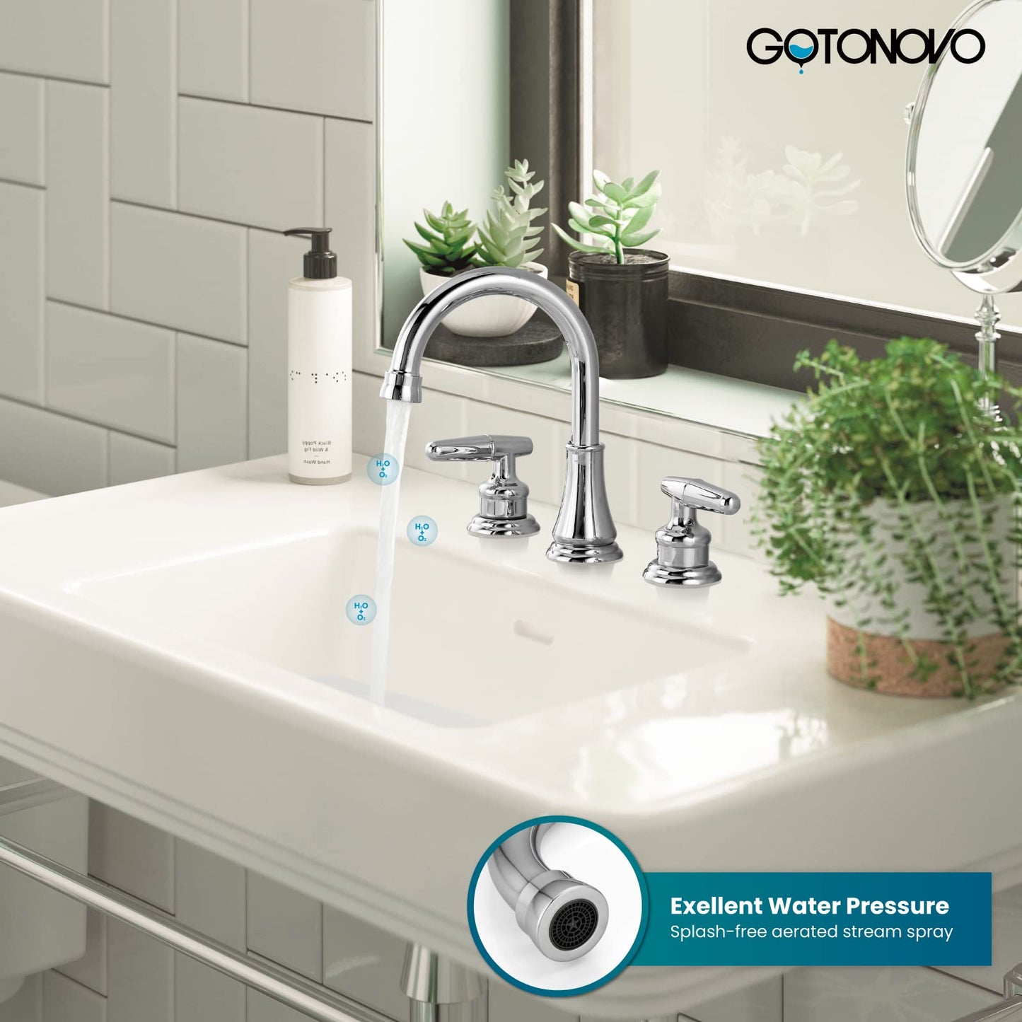 gotonovo 8 Inch Vanity Basin Faucet Dual Handle Polished Chrome Deck Mount 3 Hole Bathroom Faucet with Pop Up Drain and Water Supply Hoses Widespread Lavatory Sink Faucet Hot and Cold Mixer Tap