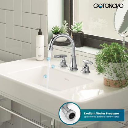 gotonovo 8 Inch Vanity Basin Faucet Dual Handle Polished Chrome Deck Mount 3 Hole Bathroom Faucet with Pop Up Drain and Water Supply Hoses Widespread Lavatory Sink Faucet Hot and Cold Mixer Tap