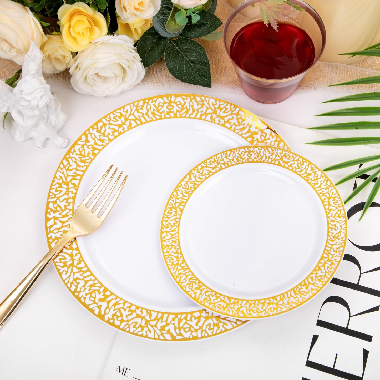 GATHER 300Pcs Gold Plates-Gold Plastic Dinnerware for 50 Guests-Disposable Lace Plates for Party Include: 100 Gold Plastic Plates Disposable, 50 Gold Silverware, 50 Cup for Mother's Day