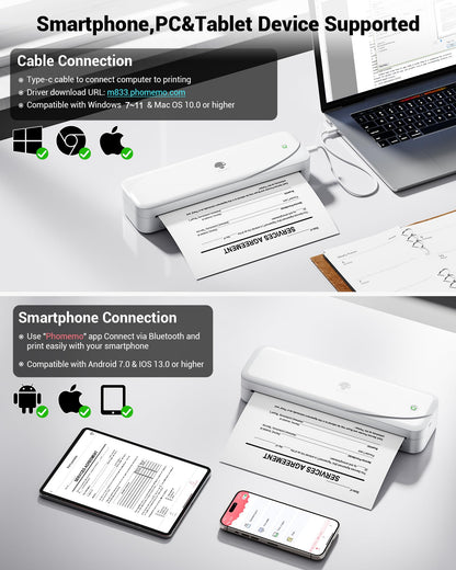 Phomemo Portable Printers Wireless for Travel, M833 Bluetooth Thermal Printer Compatible with Phone & Laptop,Support 8.5'' x 11'' US Letter & A4, 300Dpi Inkless Mobile Printer for Office, Home, School