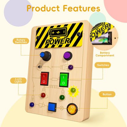 MGparty Toddler Busy Board, Baby Wooden Montessori Toys with LED Light, Travel Fine Motor Sensory Toys for Boys Girls Age 1+ Year Old