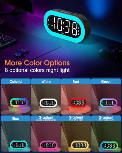 Alarm Clocks for Bedrooms, Desk Digital Clock Large Display, 7 Colors Night Light, USB Ports, Timer, Dimmer, Sound Machine, Customize Alarm, Small Alarm Clock for Bedside Adults Teens Kids Boys Girls