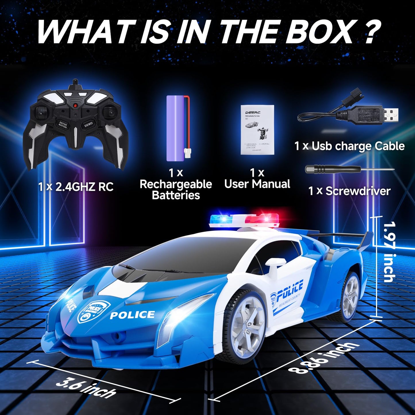 DEERC Remote Control Police Car with Deformation