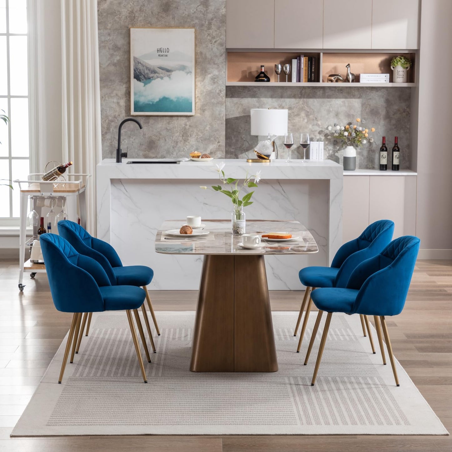 MINPINSER Velvet Dining Chairs Sets of 2, Modern Upholstered Accent Side Chairs with Arm Gold Metal Legs for Kitchen Living Bed Room, Blue