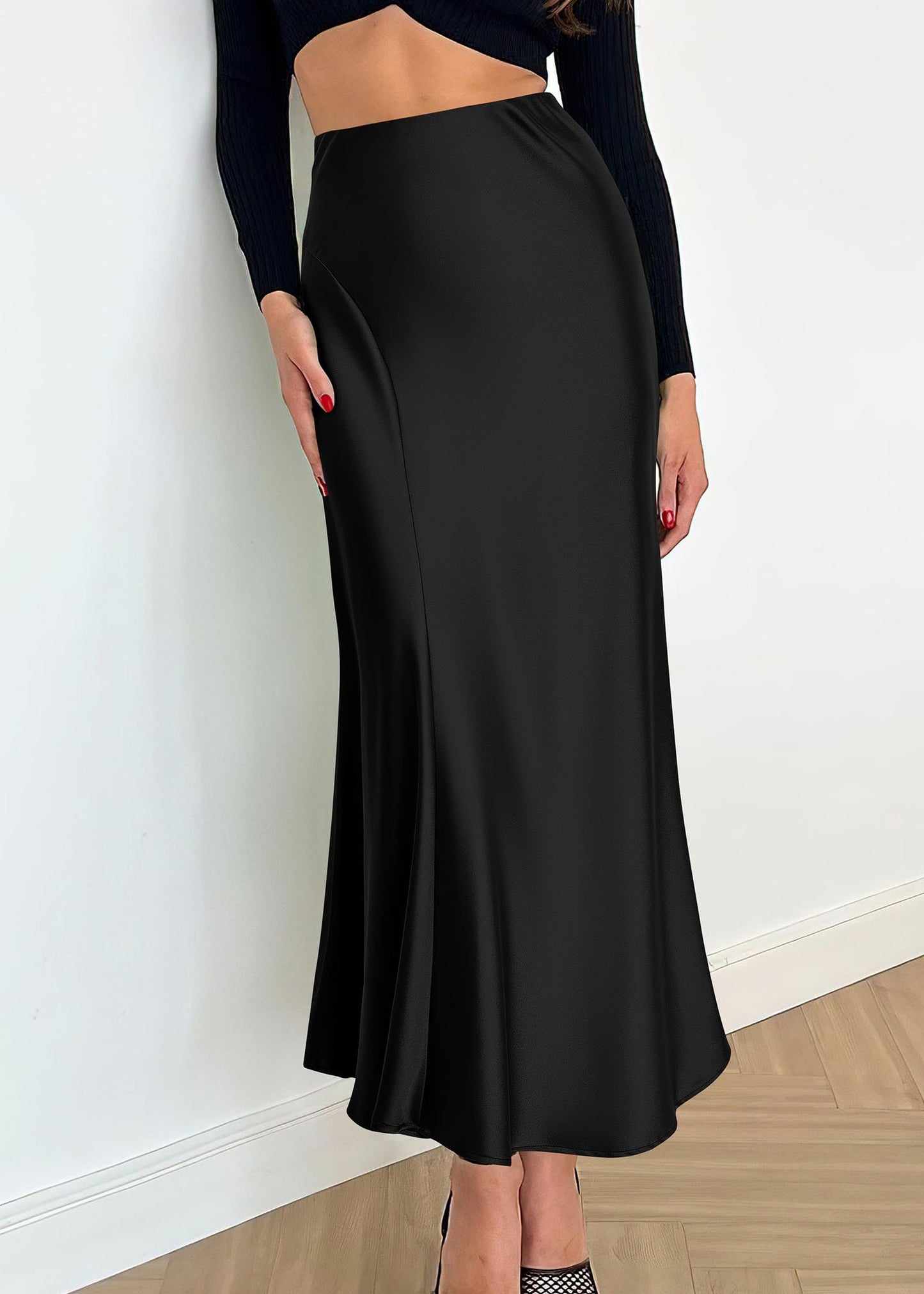 KIRUNDO Women's High Waisted Satin Midi Skirt