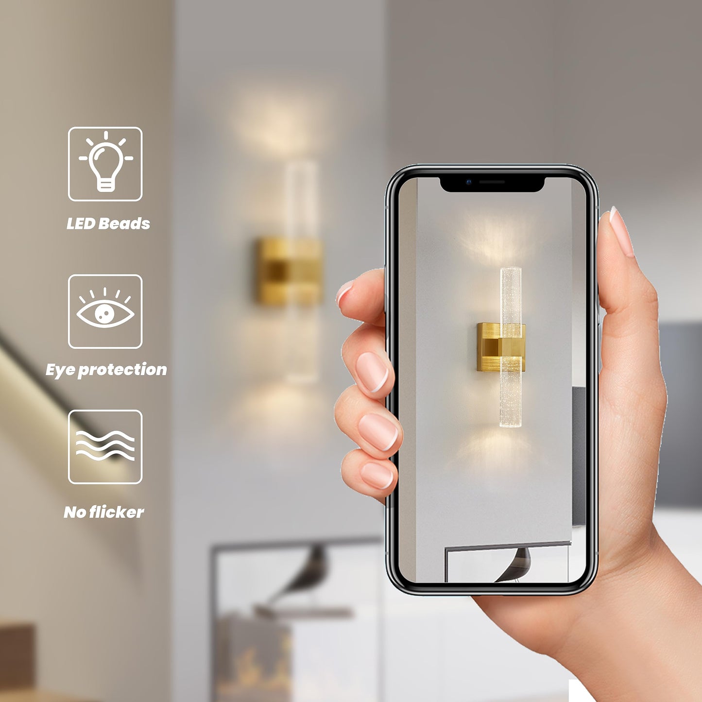 OYLYW Gold Wall Sconces Set of 2,Crystal Bathroom Dimmable Vanity Light Fixture, LED Wall Lights 10W 3000K Warm White Bedroom Sconce Wall Lighting