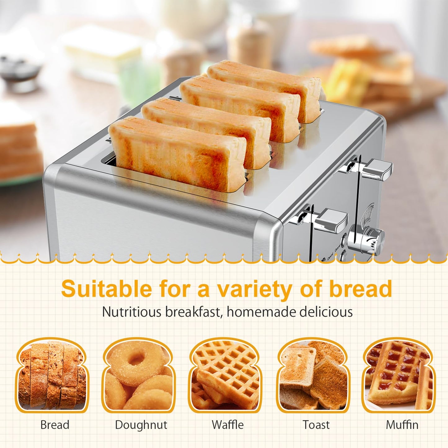 WHALL Toaster Stainless Steel, 6 Bread Shade Settings, Bagel/Defrost/Cancel Function, 1.5in Wide Slot, High Lift Lever, Removable Crumb Tray, for Various Bread Types(silver)