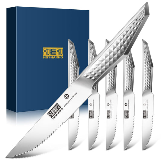 HOSHANHO Steak Knives Set of 6, 4.5 Inch Sharp Serrated Kitchen Steak Knife Set, High Carbon Japanese Stainless Steel Steak Knives with Ergonomic Handle