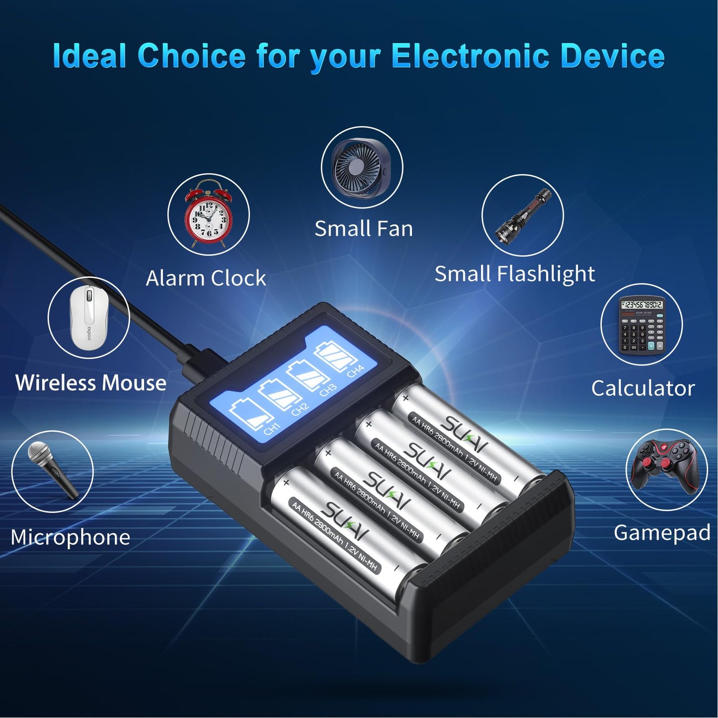 SUKAI Rechargeable AA AAA Battery Charger Set
