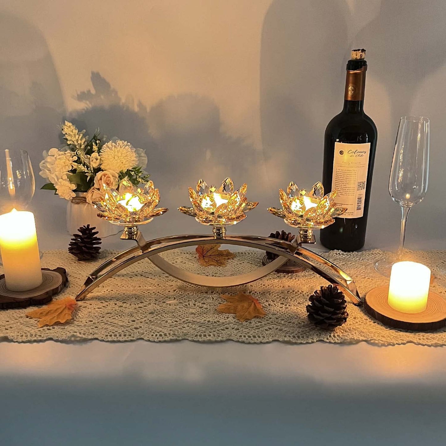 Flower Crystal 3-Arm Candelabra Candle Holder