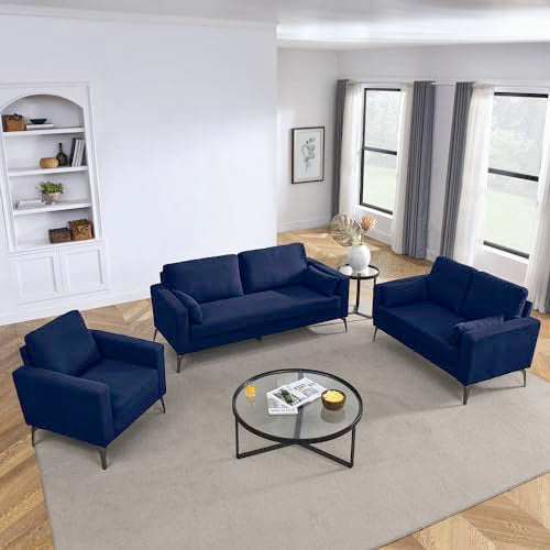 FANYE 3 Pieces Living Room Sofa Sets Include Armchair,Loveseat and 3Seaters Couch,Corduroy Upholstered Tufted Sofa&Couch with 4 Pillows and Metal Legs for Home Office Apartment