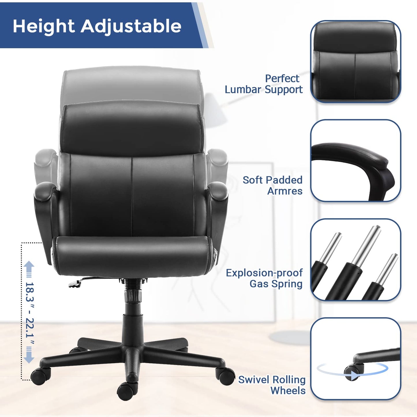 Office Chair Mid Back Desk Chair Adjustable High Ergonomic Computer PU Leather Chair with Lumbar Support Study Chair