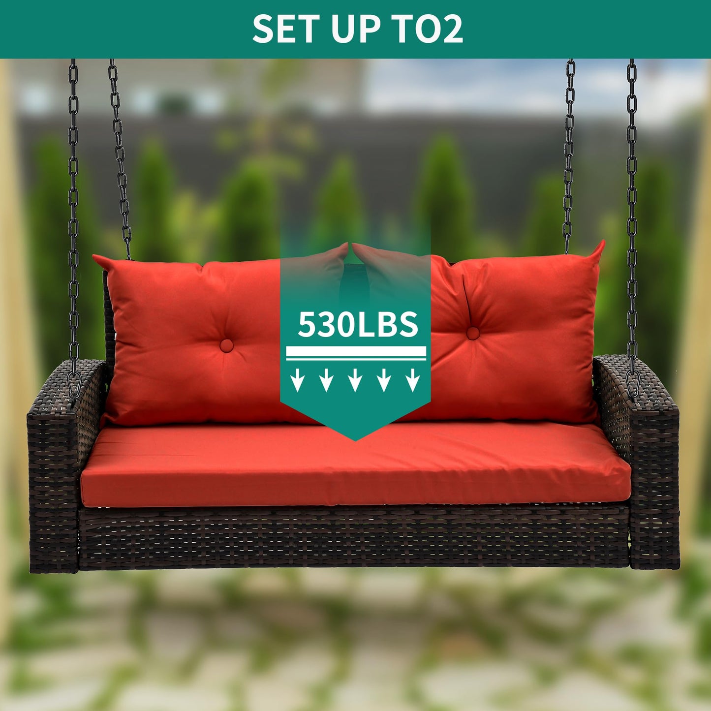 YITAHOME Wicker Hanging Porch Swing Chair Outdoor Brown Rattan Patio Swing Lounge w/ 2 Back Cushions Capacity 530lbs for Garden, Balcony, Living Room, Red