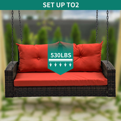 YITAHOME Wicker Hanging Porch Swing Chair Outdoor Brown Rattan Patio Swing Lounge w/ 2 Back Cushions Capacity 530lbs for Garden, Balcony, Living Room, Red