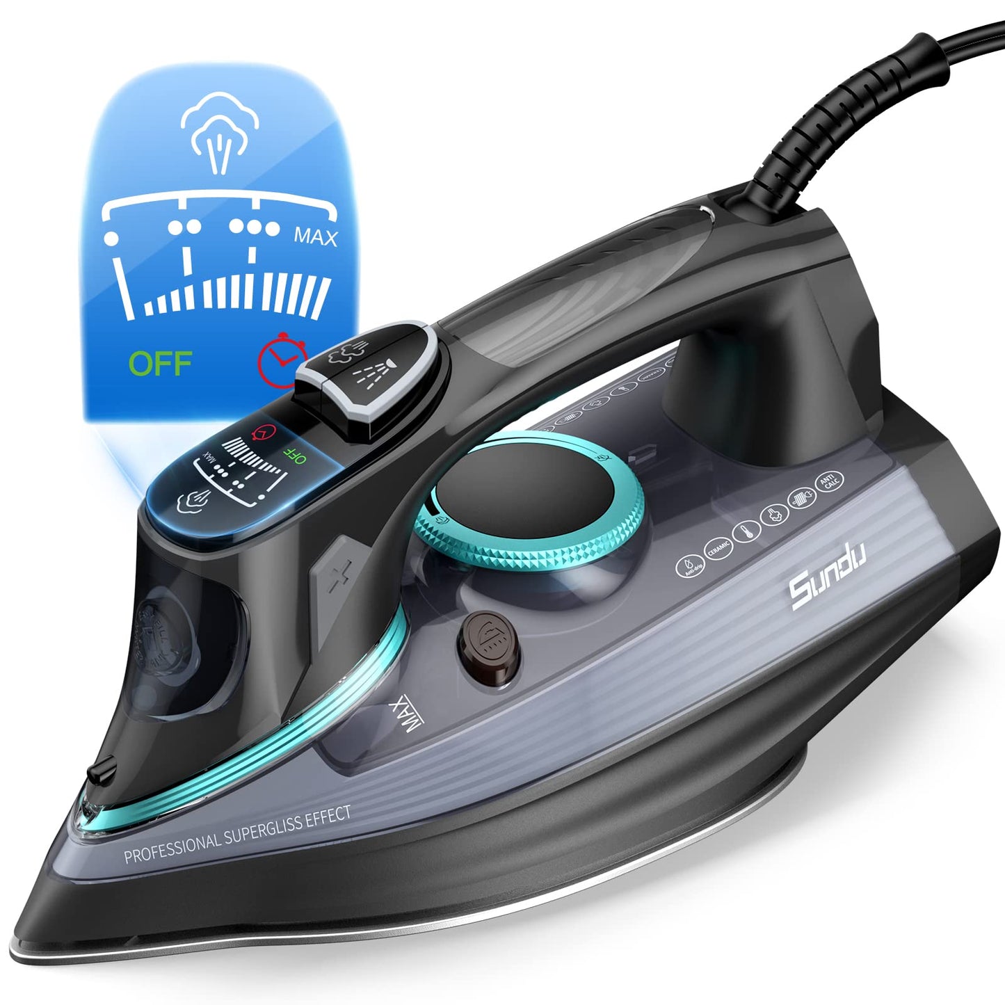 1700 Watt Steam Iron with Digital LED Screen, Ceramic Coated Soleplate, Anti-Drip, Self-Clean, 3-way Auto-Off Steam Iron for Variable Fabric, Medium Size
