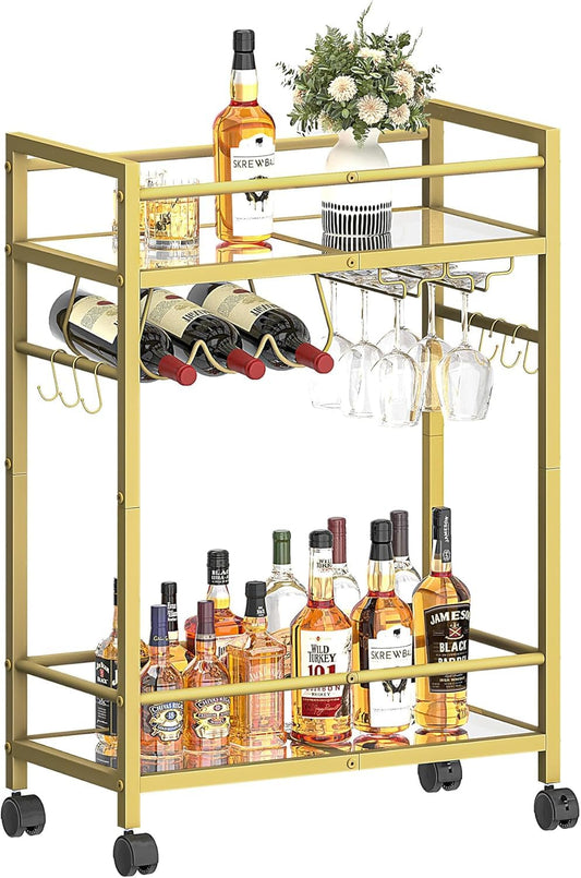 Gold Rolling Beverage Cart with Mirrored Shelves