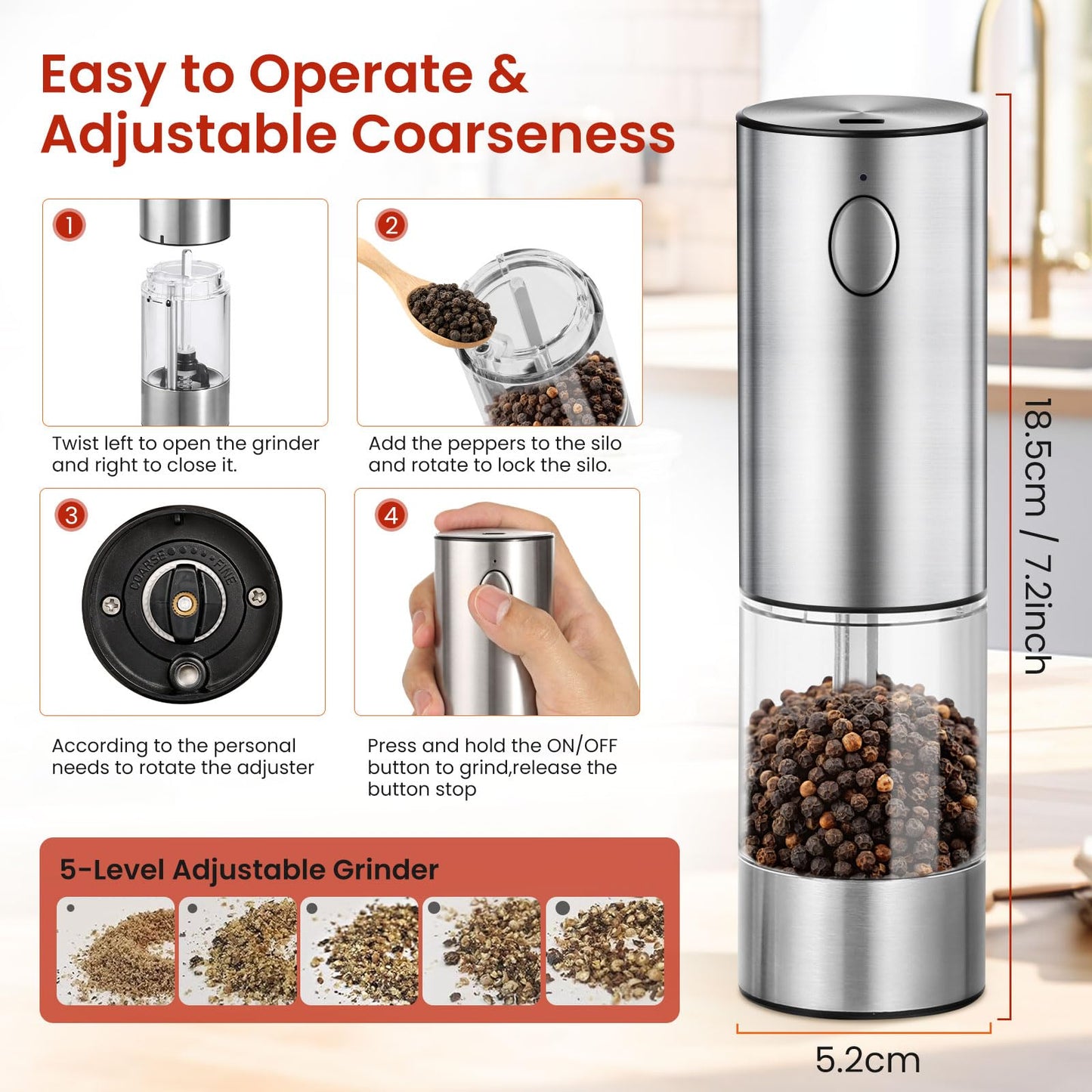 Electric Salt and Pepper Grinder Set with LED