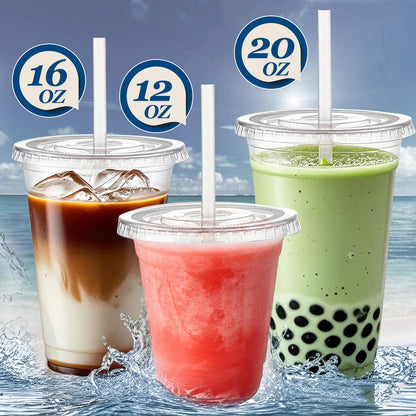 100 Pack Clear Plastic Cups with Lids and Straws