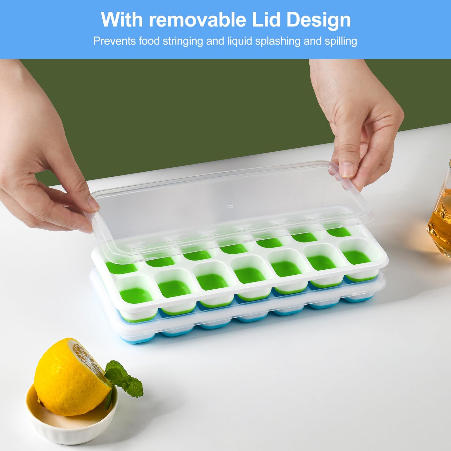 Ice Cube Trays 2PCS Easy-Release 14-Ice Trays with Removable Lid,Ice Trays for Freezer, Silicone Ice Cube Tray for Whiskey and Cocktails and other drinks