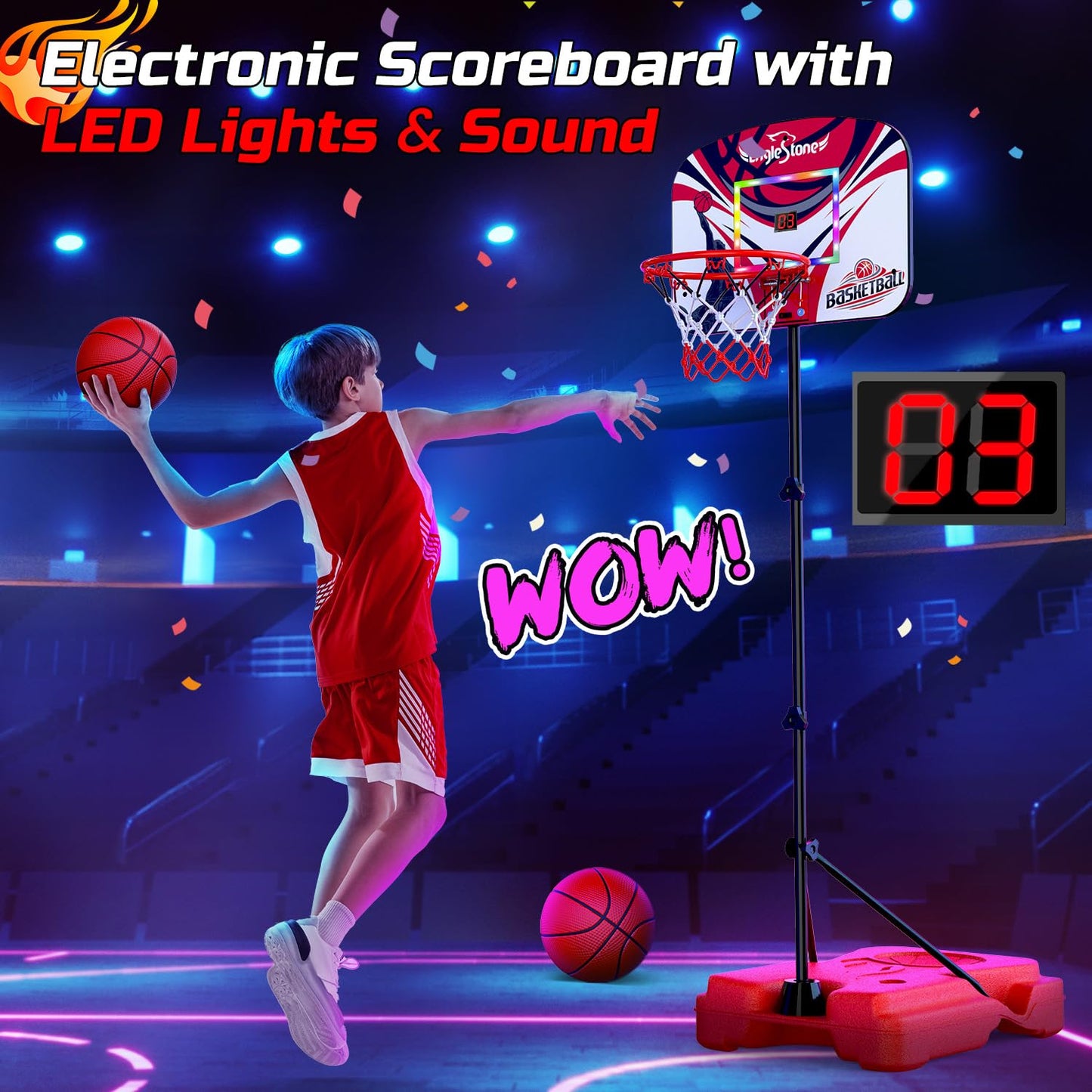Eaglestone Kid Basketball Hoop Toddlers with LED Lights & Scoreboard, Basketball Hoop Adjustable Height 2.9ft-6ft, Mini Hoop Outdoor with 3 Balls,Basketball Toy Gifts for 3-12 Year Old Boys Girls